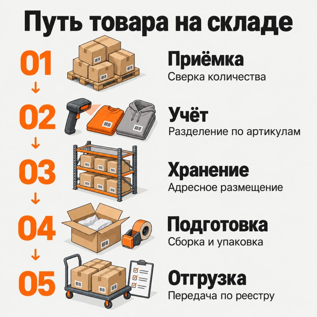 Пять этапов работы склада: приёмка, учёт, хранение, подготовка и отгрузка