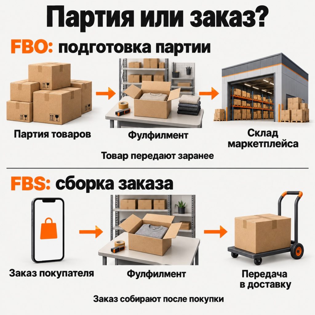 При FBO фулфилмент готовит партию до передачи на склад площадки; при FBS собирает заказ после покупки